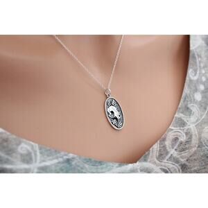 Sterling Silver Flower and Cat Skull Pendant Necklace